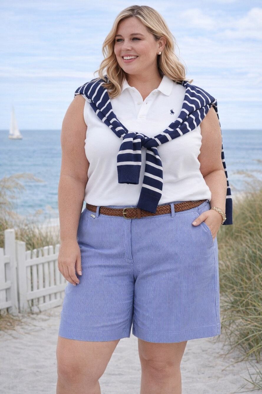 LRL LAUREN ACTIVE Ralph Lauren Blue-White Pin Stripe Women's Chino Shorts 14